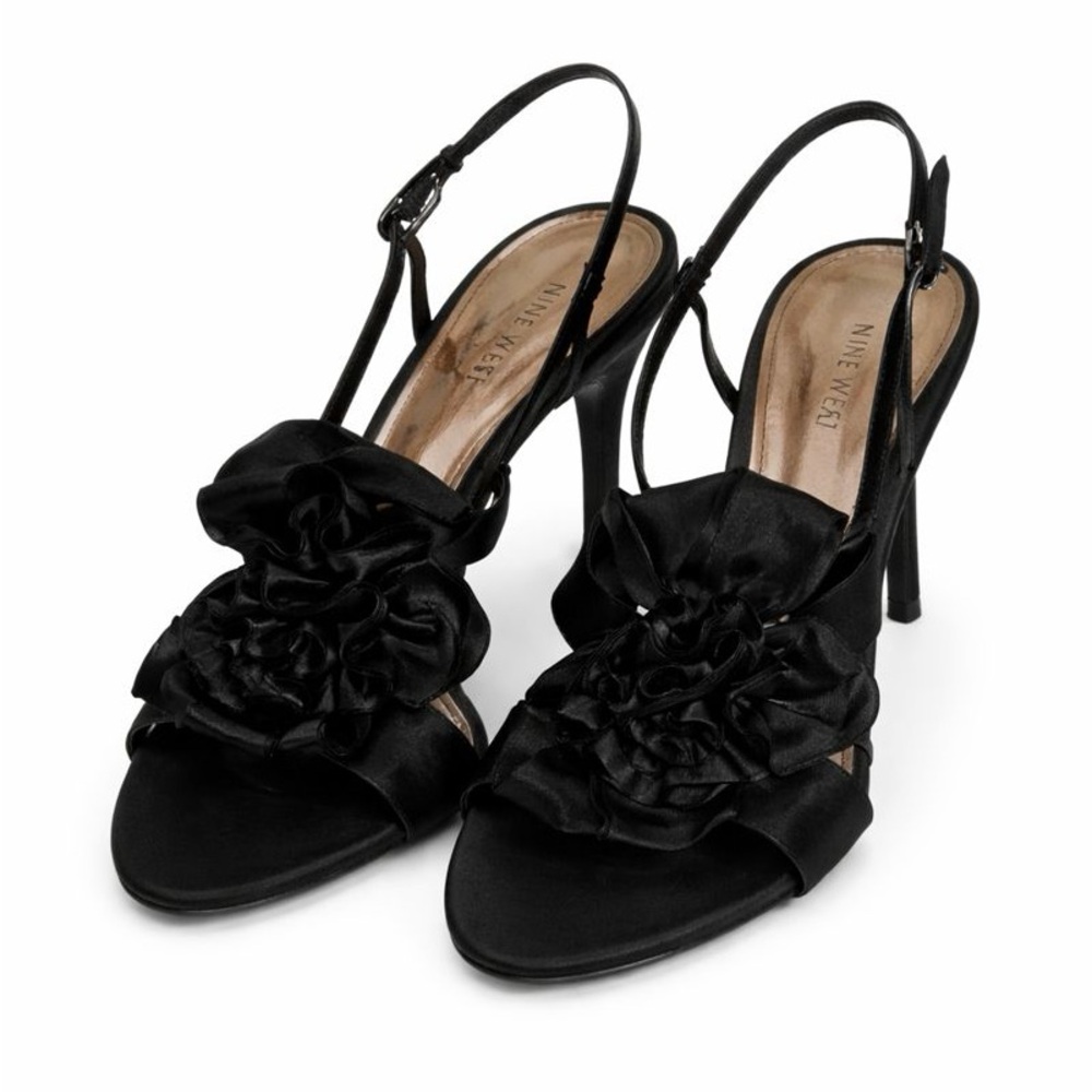 NINE WEST Black Floral Heels Women’s| Size 7.5 Slingback Open Toe Pumps‎